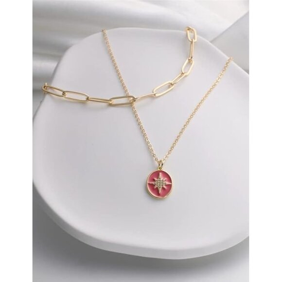 Jewelry - 14K Gold Plated Sun Coin Pendant Necklace with Paperclip Necklaces Layering set